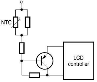 цепь компенсации влияния температуры дисплеев жидкостного кристалла LCD используя термистор NTC как датчик температуры
